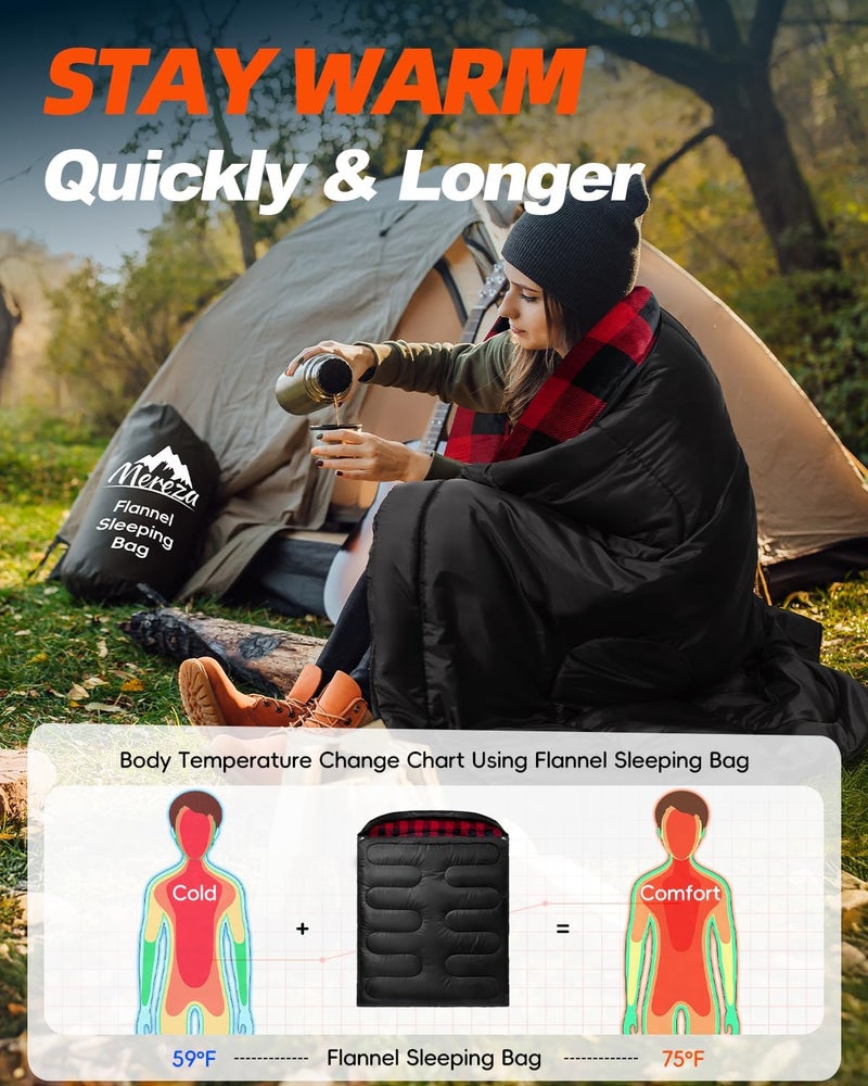 Mereza Flannel Double Sleeping Bag for Adults Cold Weather, XL Queen Size Sleeping Bag for All Season 2 Person Big and Tall Sleeping Bags for Camping 0 Degree with Pillow - Image 5